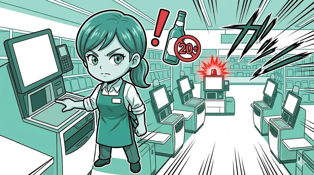 お酒のスキャンを察知し、年齢確認に備えるセルフレジ店員の漫画イラスト