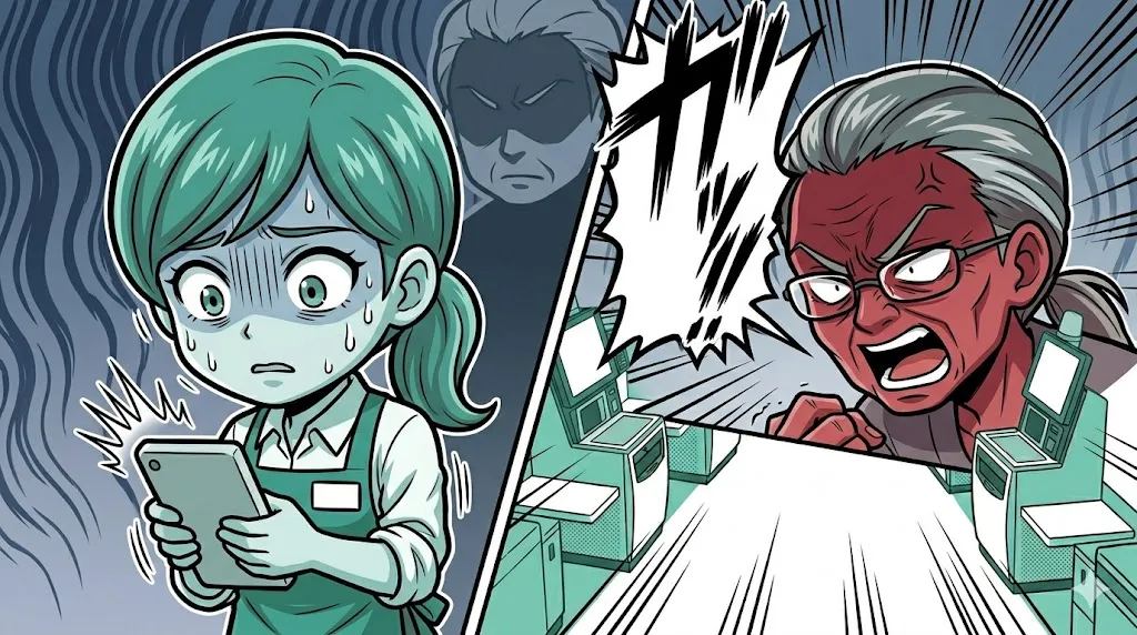 年齢確認で手間取ってお客さまに怒られ、焦る店員の漫画イラスト