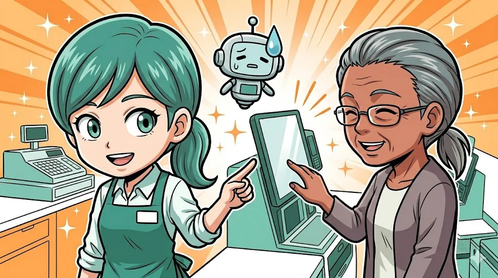 システムを主語にして、和やかに年齢確認のボタンを促す店員の漫画イラスト