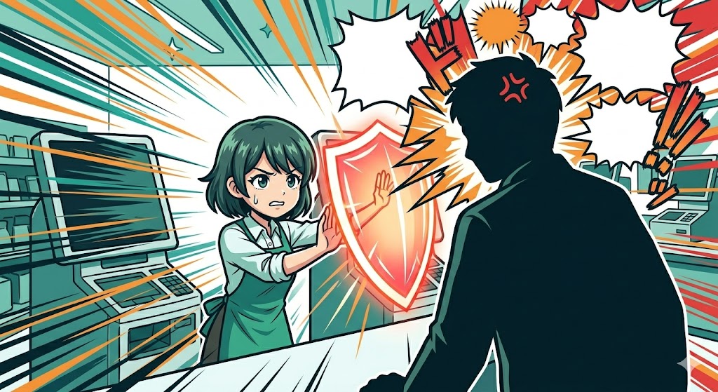 怒鳴る客を前に、漫画的な盾を持って自分を守ろうとする店員のイラスト