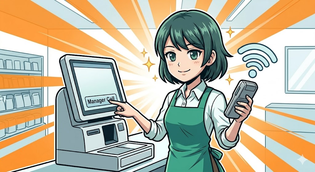 斜め45度に立ち、冷静に上司を呼び出して対応する店員のイラスト