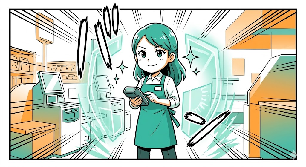 知識という盾を持って自信満々にセルフレジに立つ店員の漫画イラスト
