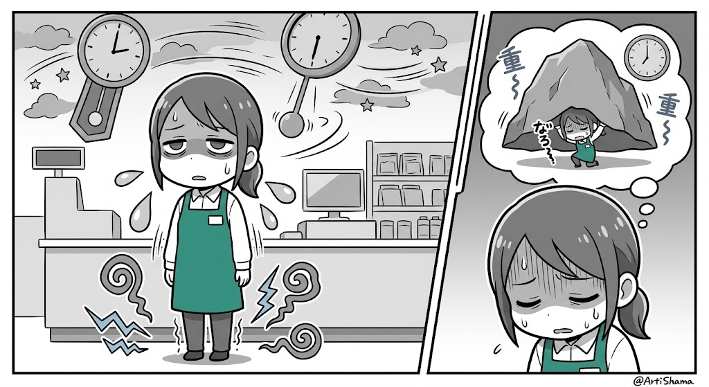 立ちっぱなしで足の痛みに耐え、疲弊している店員の漫画イラスト