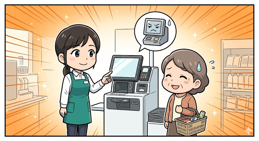 機械のせいにしてお客様と笑顔で通じ合う店員の漫画イラスト