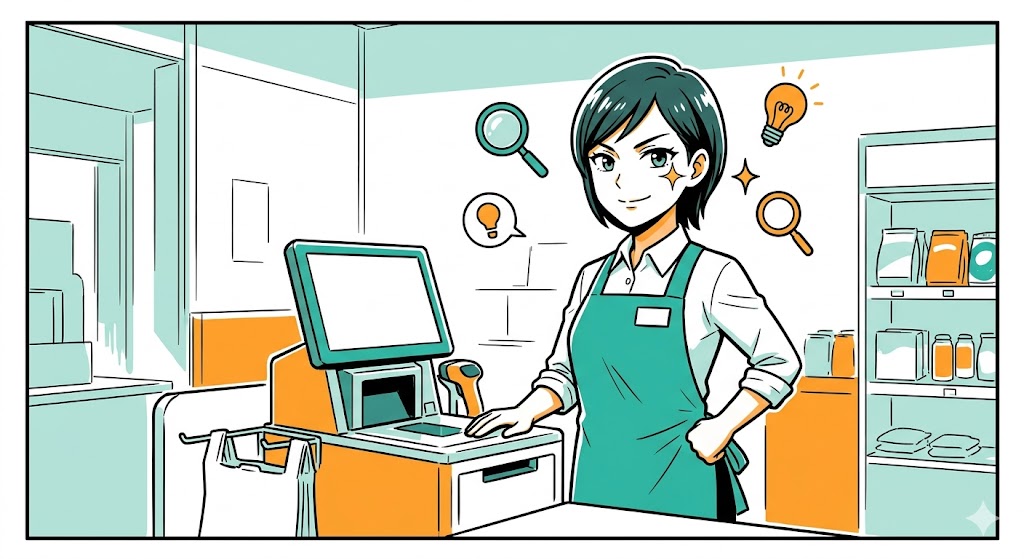 鋭い観察力でセルフレジを見守る、適性バッチリな店員の漫画イラスト