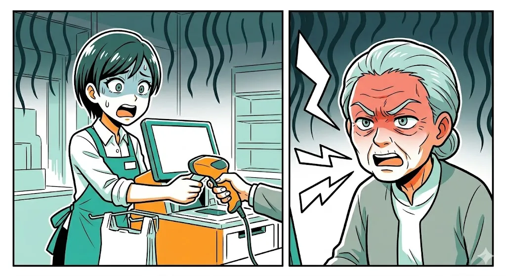 お客様の操作を奪ってしまい、怒らせて焦る店員の漫画イラスト
