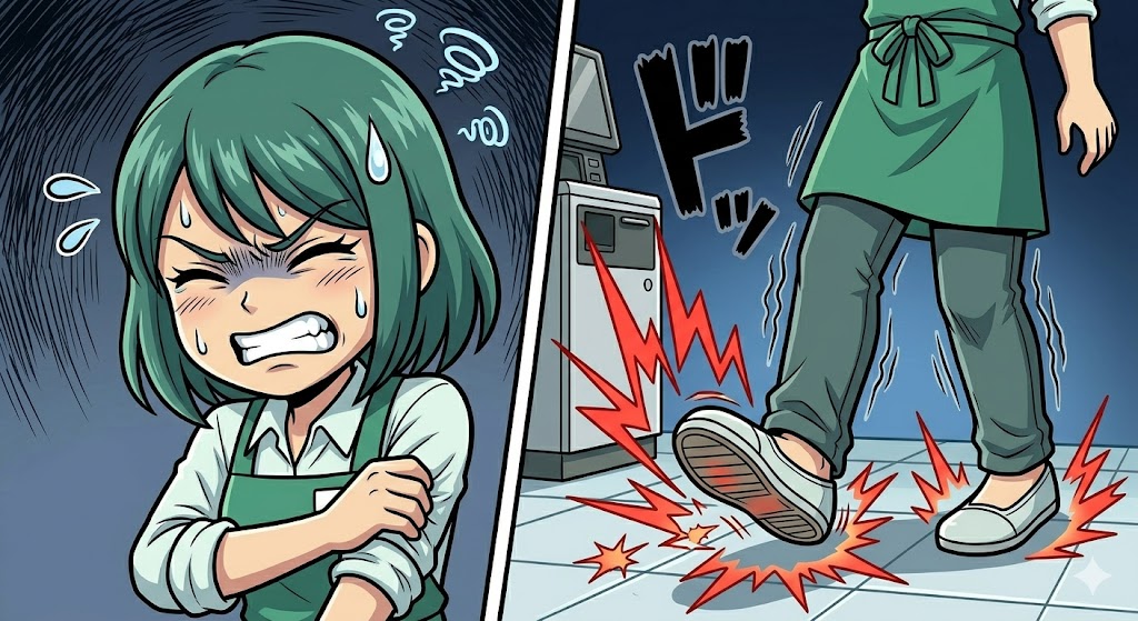 底の薄い靴で足裏を痛め、顔をしかめて歩く店員の漫画イラスト