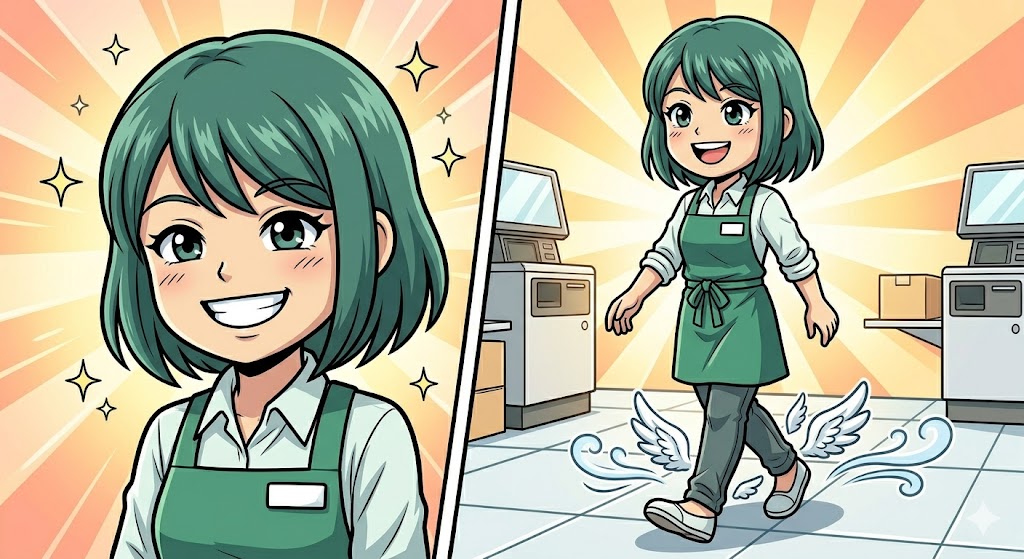 良い靴とインソールのおかげで軽やかに働く店員の漫画イラスト