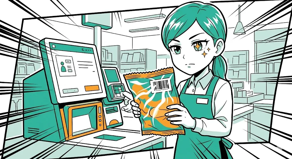 バーコードの反射を鋭い目で見抜くセルフレジ店員の漫画イラスト
