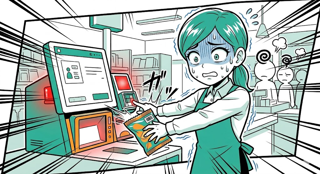焦って商品をスキャナーに押し付けてしまう店員の漫画イラスト
