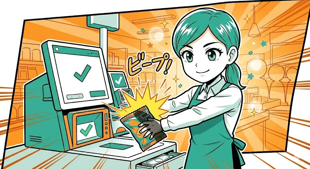 影と角度を工夫して一発でスキャンを通す店員の漫画イラスト