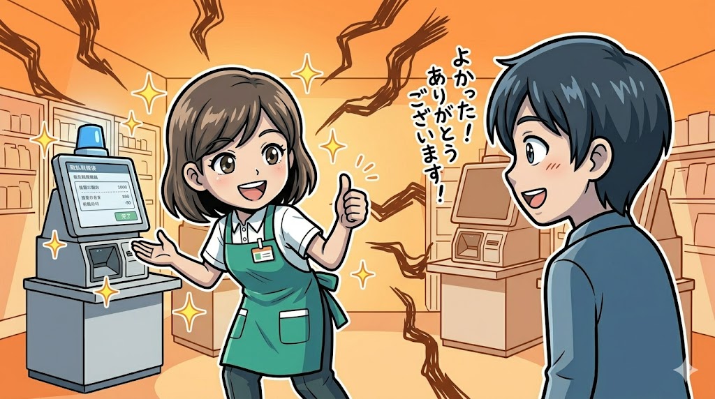 笑顔でお客様に対応し、エラーを解決して感謝される店員