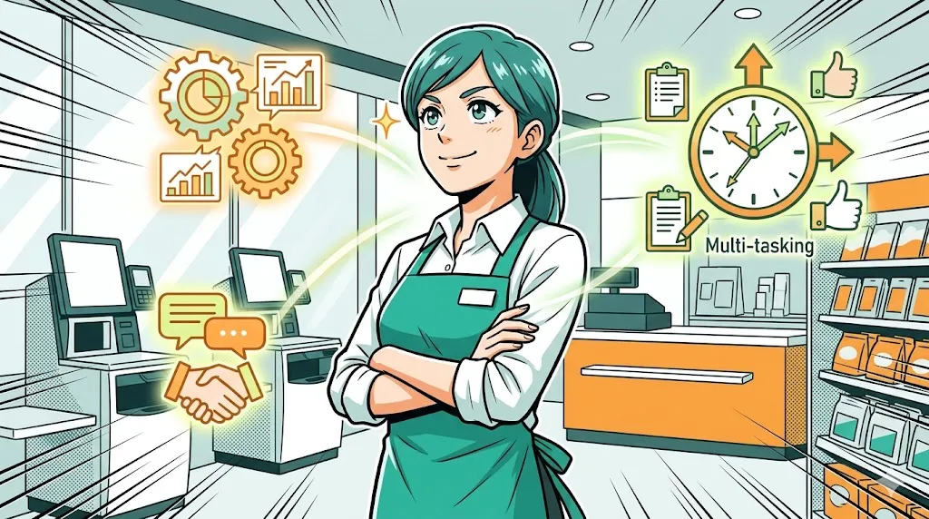 自身の業務に市場価値を見出し、自信満々に立つセルフレジ店員の漫画イラスト