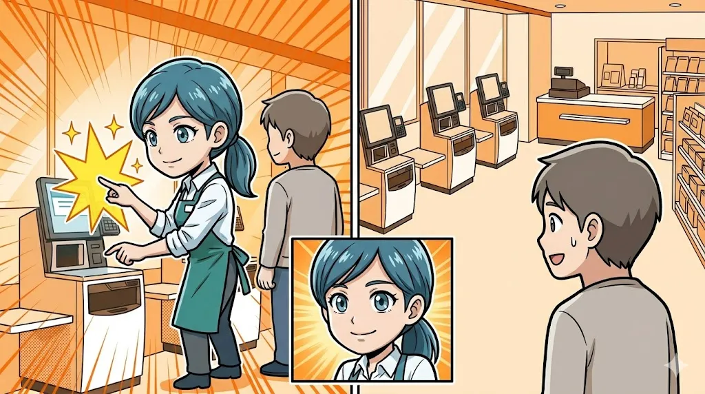 先回りのアドバイスでスマートにお客様を導く店員の漫画イラスト