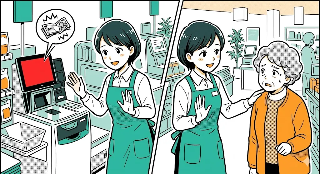 現金詰まりで困っているお客さまを笑顔で安心させる店員の漫画イラスト