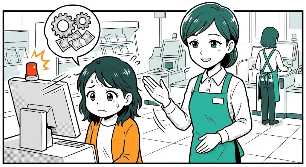 現金詰まりで困っているお客さまを笑顔で安心させる店員の漫画イラスト