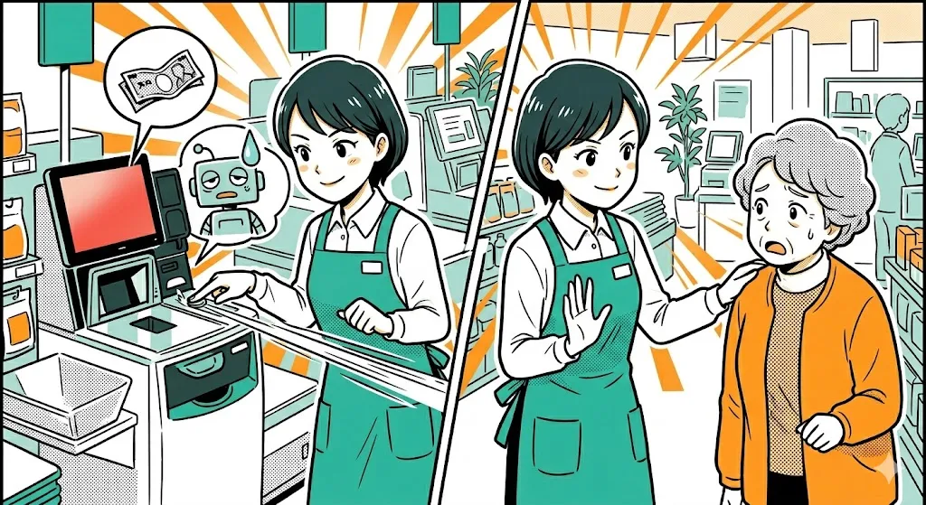 硬貨投入口の隙間を指でなぞり、スマートに詰まりを解決する店員の漫画イラスト