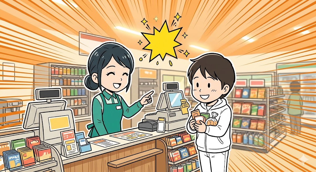 お客さまを別のレジへスマートに案内し、笑顔で見送る店員の漫画イラスト