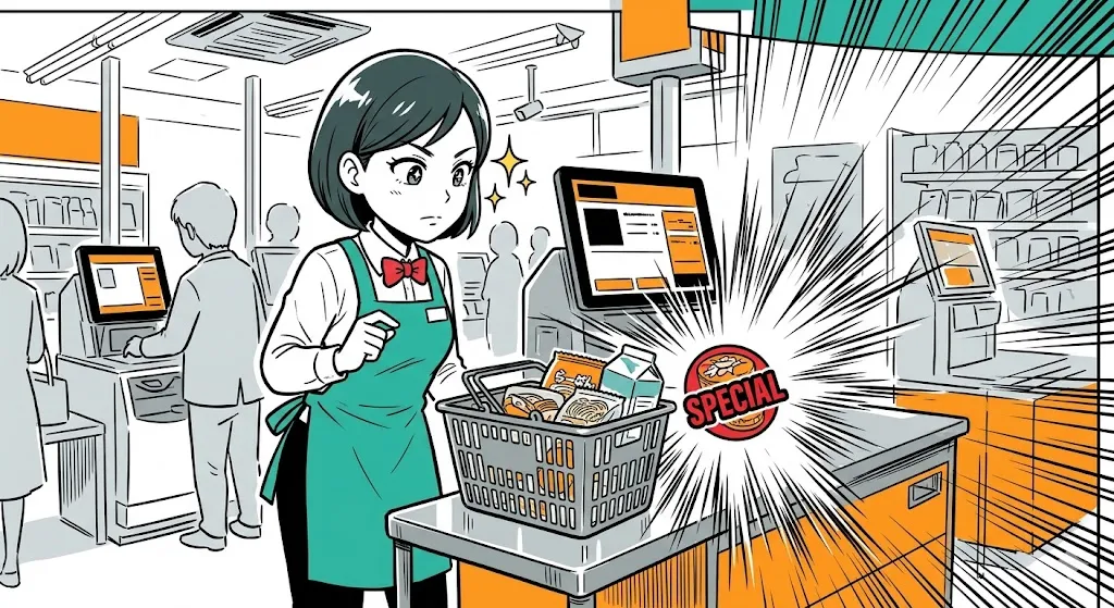 カゴの中の値引きシールを鋭く見つけ、準備万端な店員の漫画イラスト