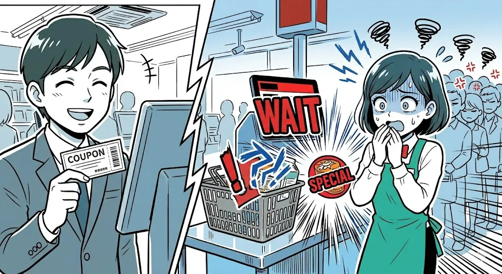 支払い直前にクーポンを出され、行列を前に絶望する店員の漫画イラスト