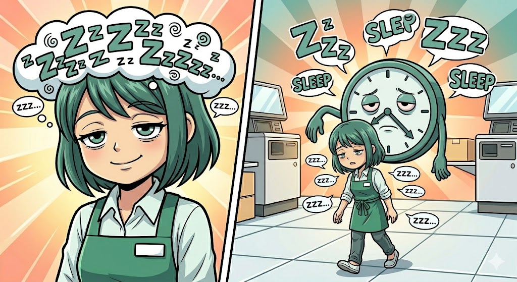 眠気と戦いながら、止まったような時間の中で立ち尽くす店員の漫画イラスト
