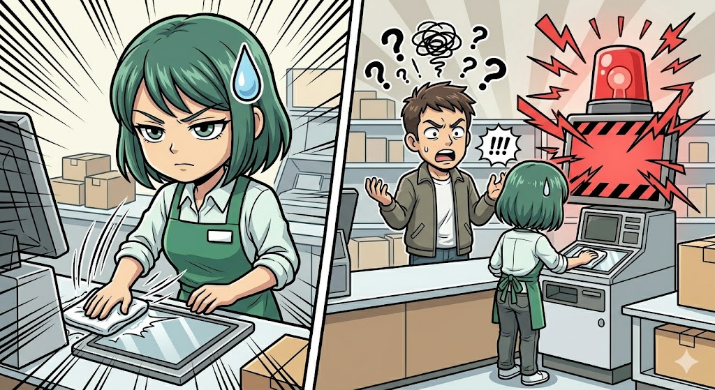 清掃に夢中で背後のエラーランプに気づかない店員の漫画イラスト