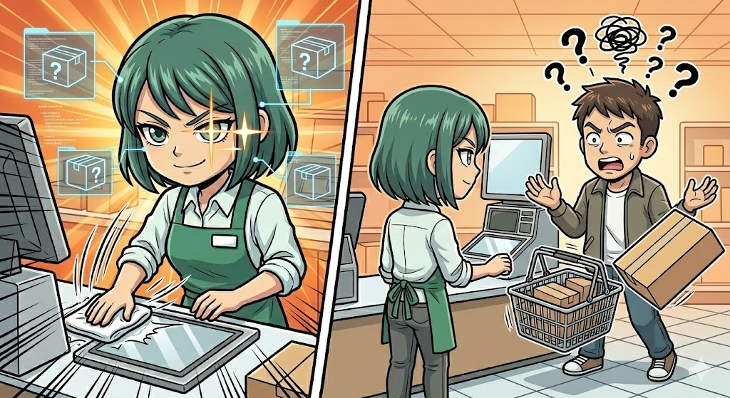 脳内シミュレーションでエラーを予測し、覚醒する店員の漫画イラスト