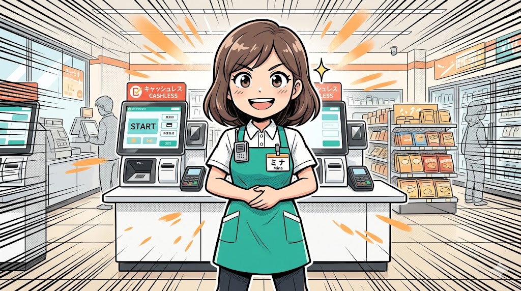 セルフレジ前で意気込む新人アテンダントのイラスト