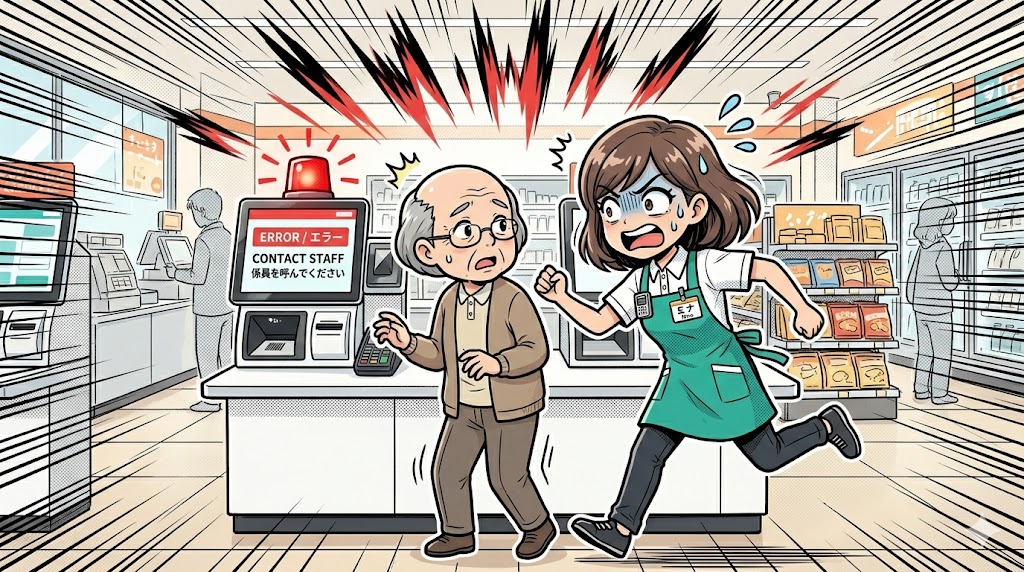 エラーに焦ってお客様の前で慌てる新人店員のイラスト