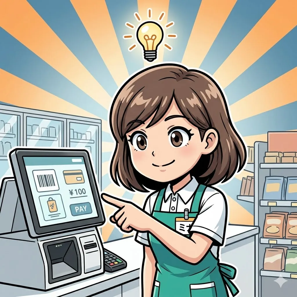 レジ画面を見て解決策に気づいた店員の笑顔のイラスト