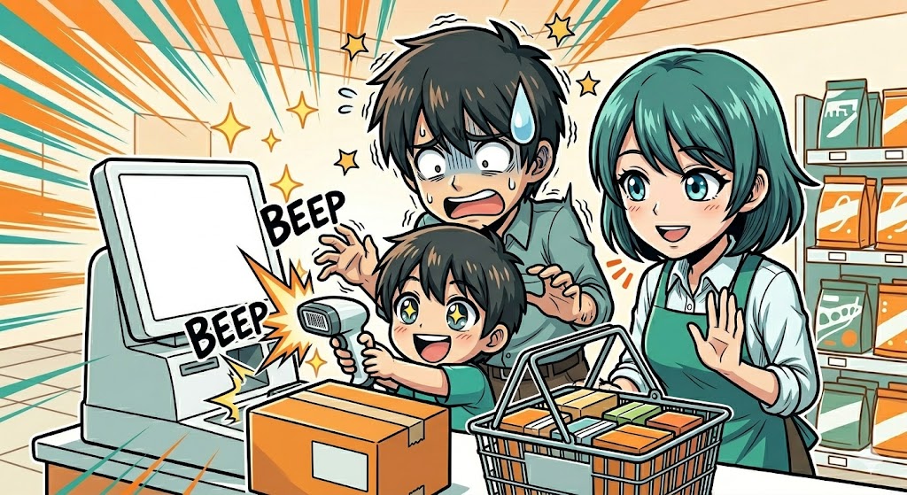 セルフレジで操作したがる子供と困る親をサポートする店員のイラスト