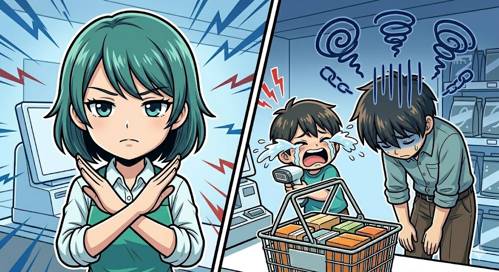 強く注意されて泣き出した子供と申し訳なさに萎縮する親のイラスト