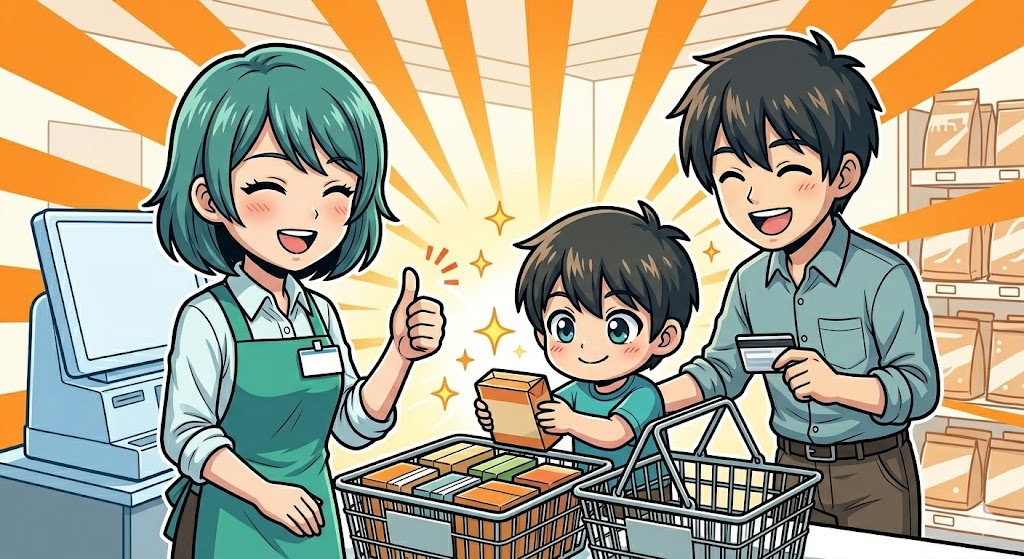 カゴ移し係という任務を誇らしげにこなす子供と笑顔の店員のイラスト