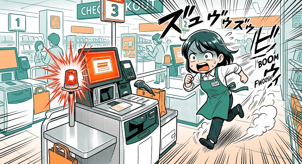 ハガキ1枚のエラーに慌てて駆け寄るセルフレジ店員の漫画イラスト