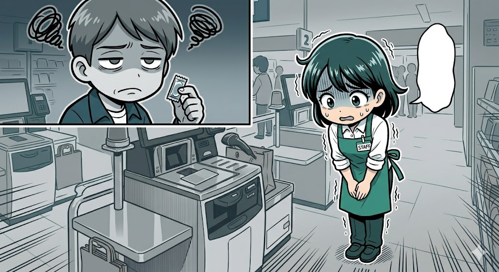 何度も置き直しをお願いして気まずい空気になっている店員と客のイラスト