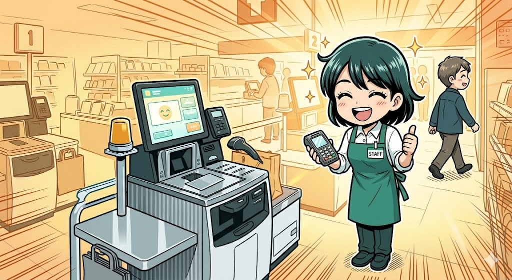 エラーを先回りして解決し、笑顔で接客するベテラン店員のイラスト