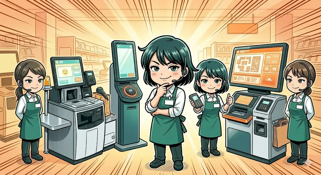 異なるメーカーのセルフレジを前に自信満々に立つ店員の漫画イラスト