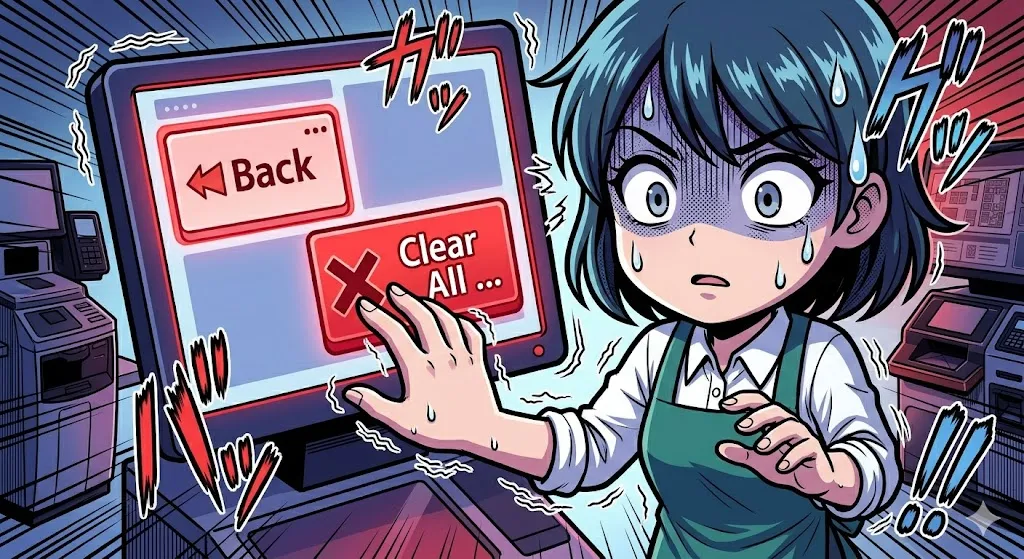 ボタン配置の違いに焦り、誤操作しそうになる店員の漫画イラスト