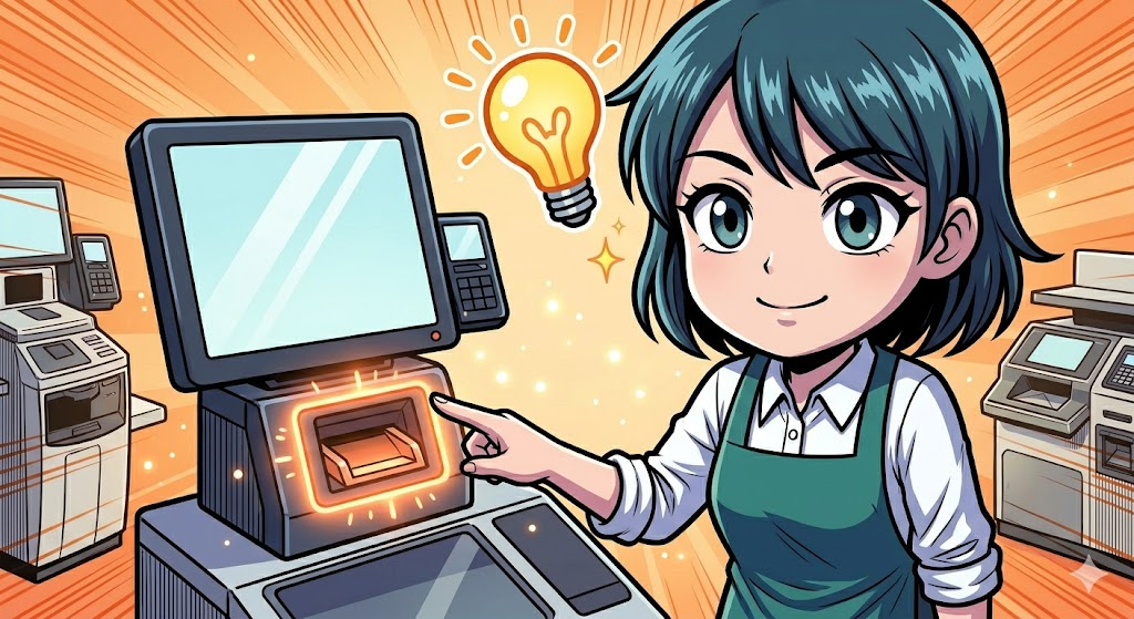 レジの点滅箇所を見てトラブルの原因を察知する店員の漫画イラスト