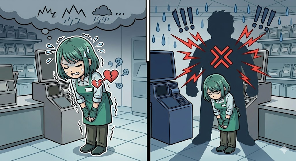 お客様の怒りを自分のせいだと思い込み、落ち込む店員の漫画イラスト