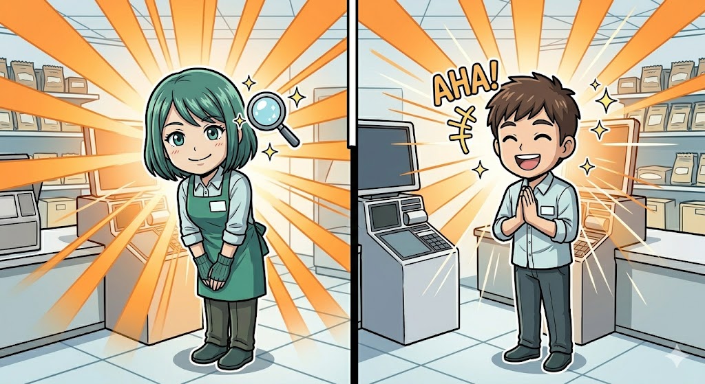 一歩引いた「観察者」の視点で、余裕を持って働く店員の漫画イラスト