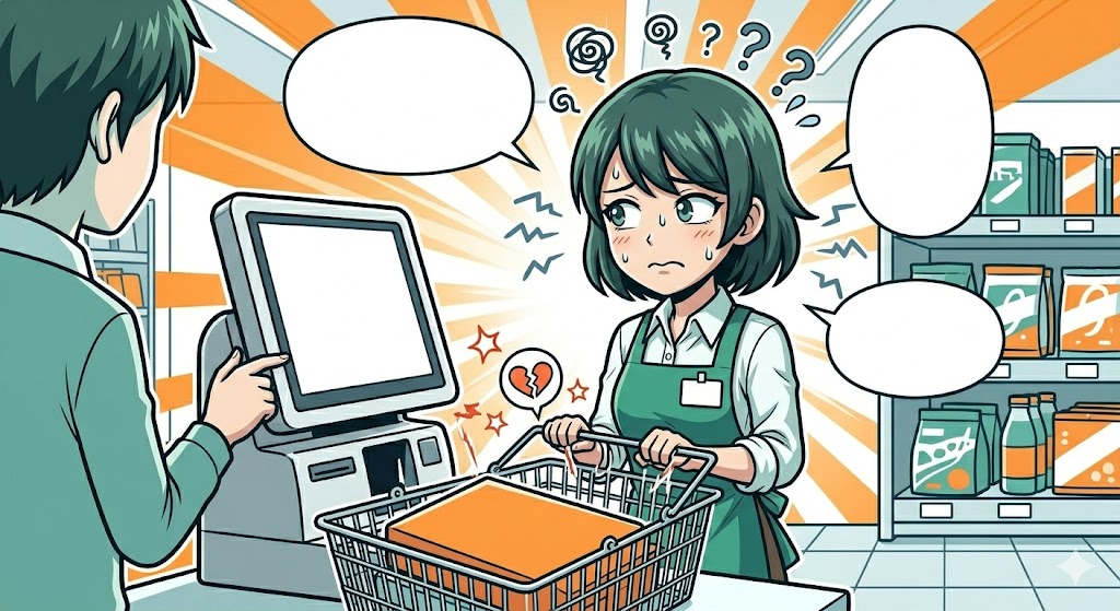 カゴの中のスキャン漏れが気になり、声掛けを迷うセルフレジ店員の漫画イラスト