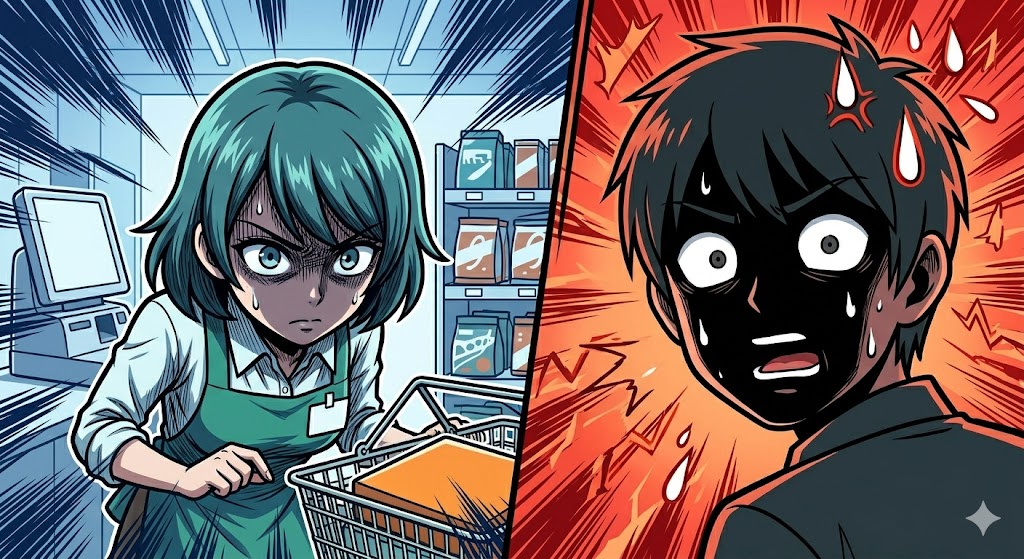無言でカゴを覗き込み、お客様に睨まれて気まずい店員の漫画イラスト