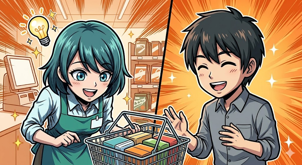 笑顔でカゴの整理をしながら、和やかに中身を確認する店員の漫画イラスト
