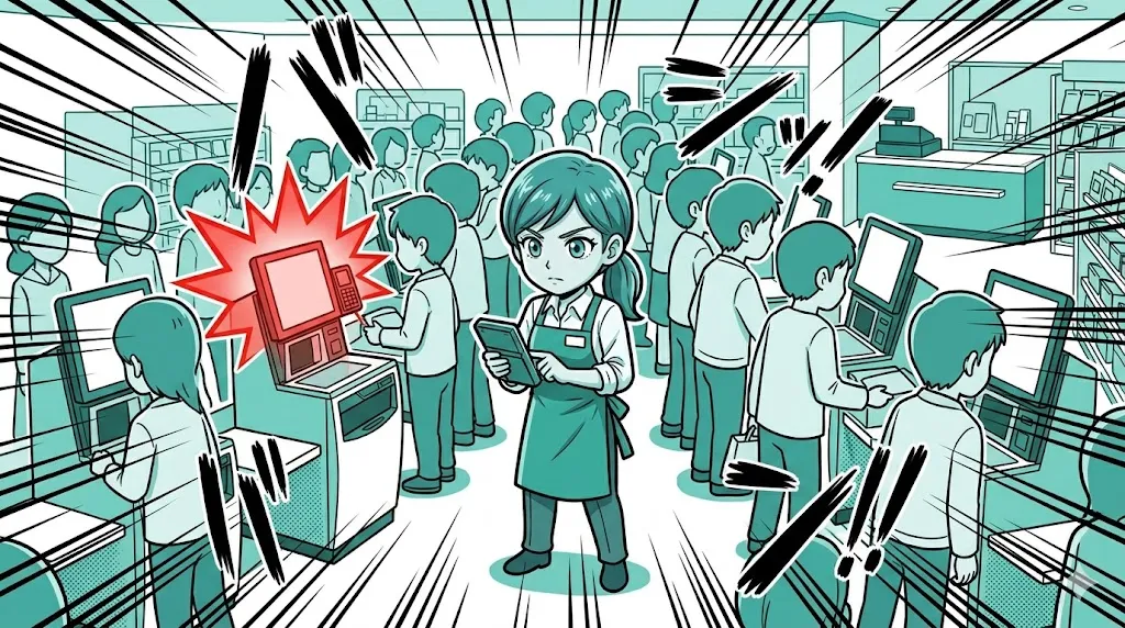 行列が伸びるピークタイムのセルフレジを冷静に見守る店員の漫画イラスト