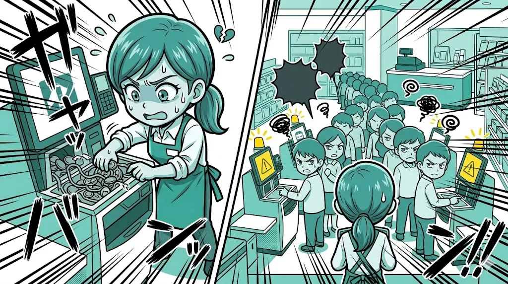 1台の故障対応に夢中で、背後に大行列を作ってしまった店員の漫画イラスト