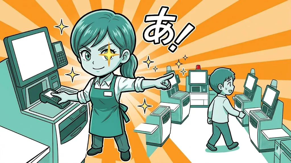 全体を俯瞰し、スマートに行列をさばいていく店員の漫画イラスト
