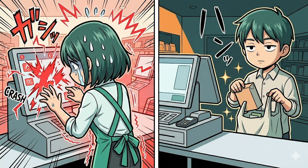 エラー対応に夢中で背後の未精算を見逃す店員の漫画イラスト