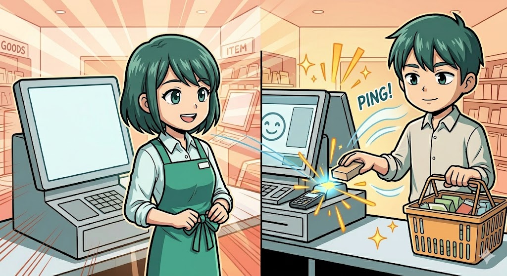 画面と手元のリズムを合わせて冷静に監視する店員の漫画イラスト