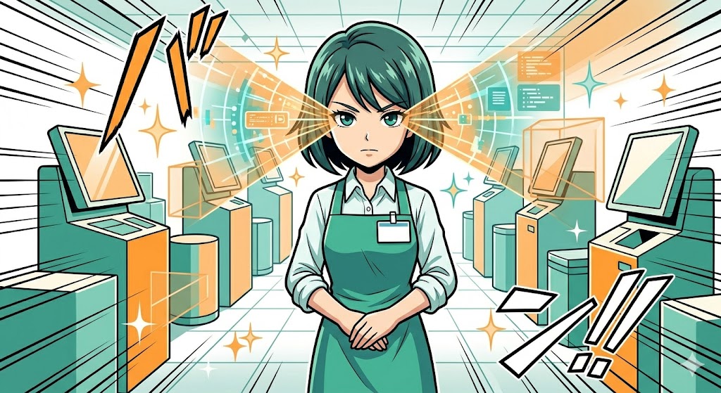 鋭い洞察力でセルフレジ全体を見守るベテラン店員の漫画イラスト